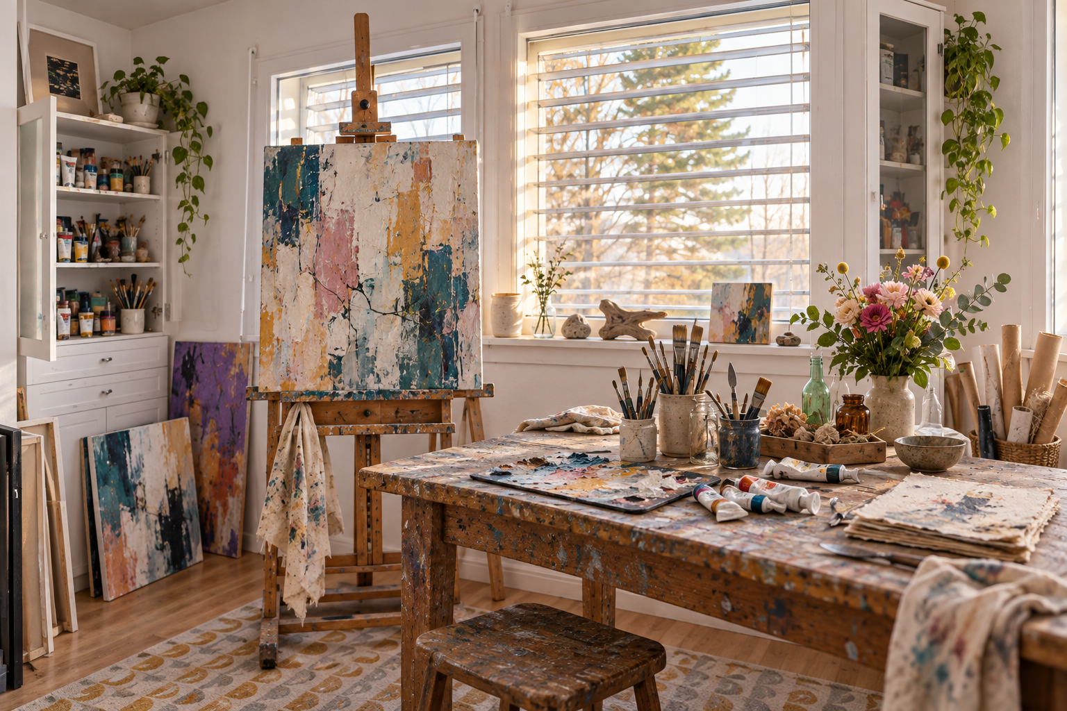 Atelier de Ch. Ghandour, artiste peintre abstraite à Bex, avec chevalet et matériel de peinture