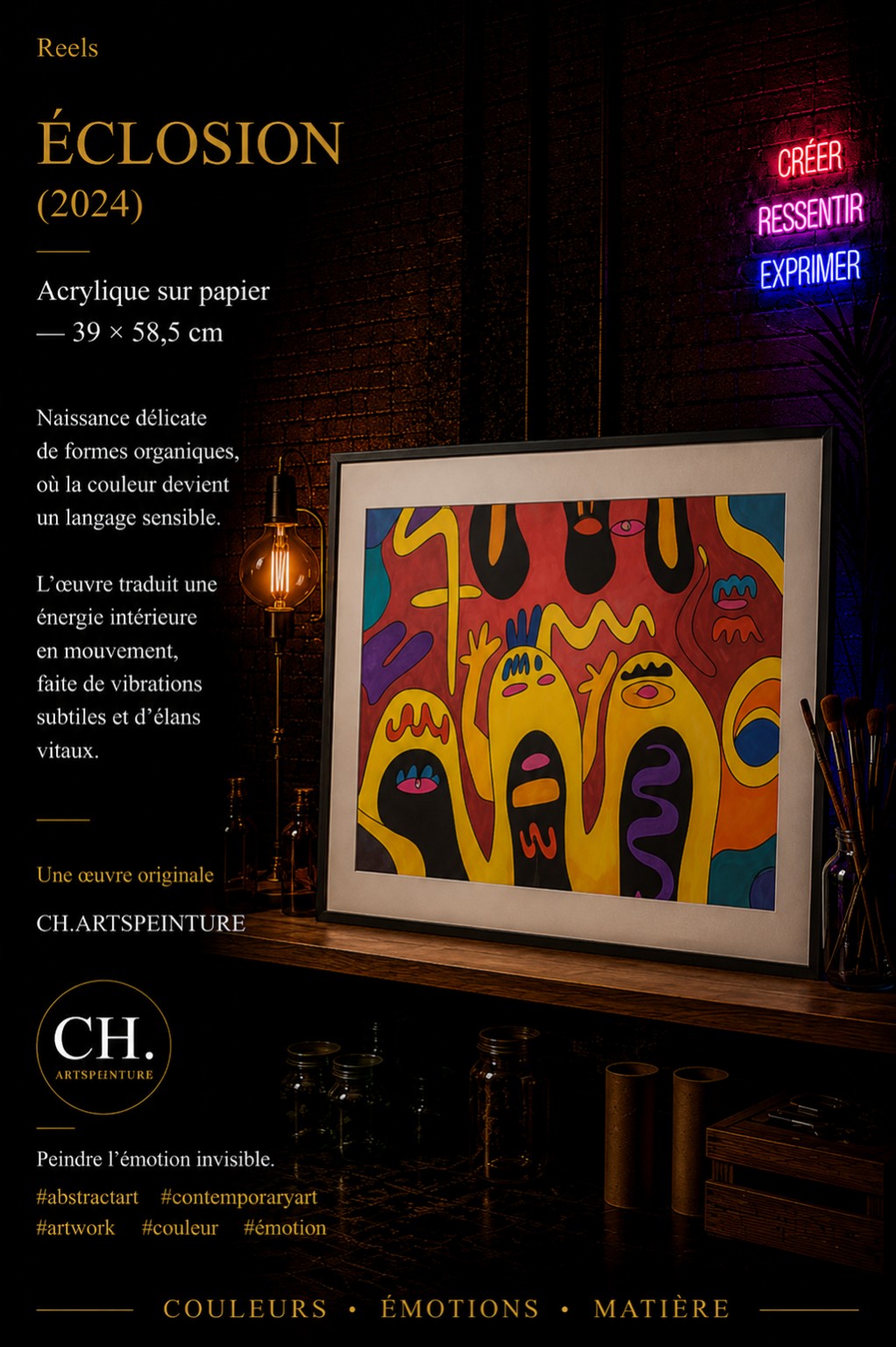 Présentation de l’œuvre Langage intérieur, 2024, acrylique sur papier, 39 × 58,5 cm